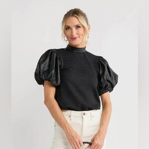 THML Mock Neck Vegan leather Puff Sleeve Top